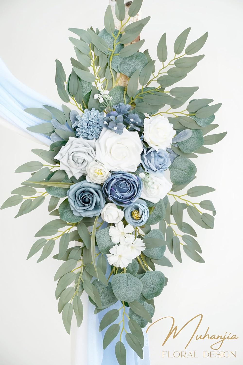 Artificial Arch Flowers Kit(Pack of 4),2Pcs Artificial Flower Arch Decor, 2Pcs Drapes, Ceremony and Reception Background Rose Decoration, Grayish Blue Floral Outdoor Party Decor