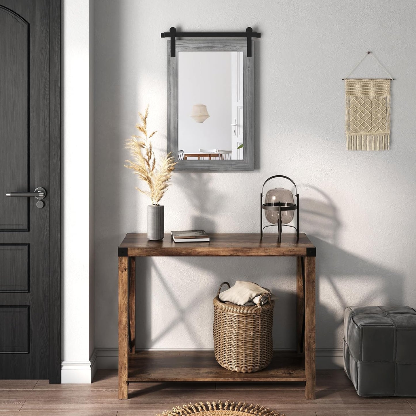 COGOOD Farmhouse Barn Door Mirror - 17 x 26 Rustic Wood Framed Wall Mirror for Bathroom, Living Room, Entryway Wall Decor (Grey)