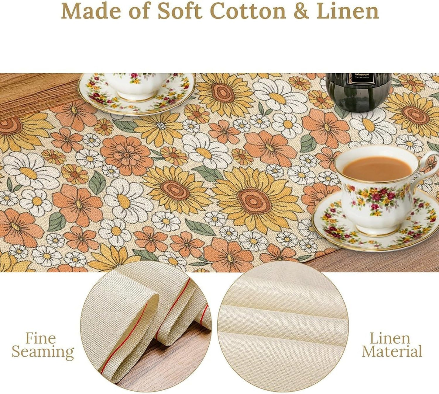 Vintage Floral Table Runner,Boho 70s Style Retro Daisies Flower Table Runner for Kitchen Dining Table Home Party Decoration 13x120 Inch