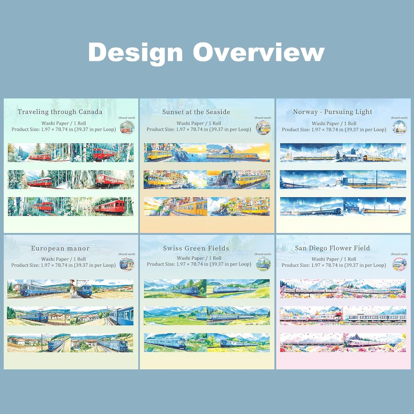 Train Scenery Washi Tape Set – 6 Rolls Travel & Nature Inspired with Clip for Scrapbook Journals DIY Crafts Decoration 1.97"x78.7" 39.37in per Loop