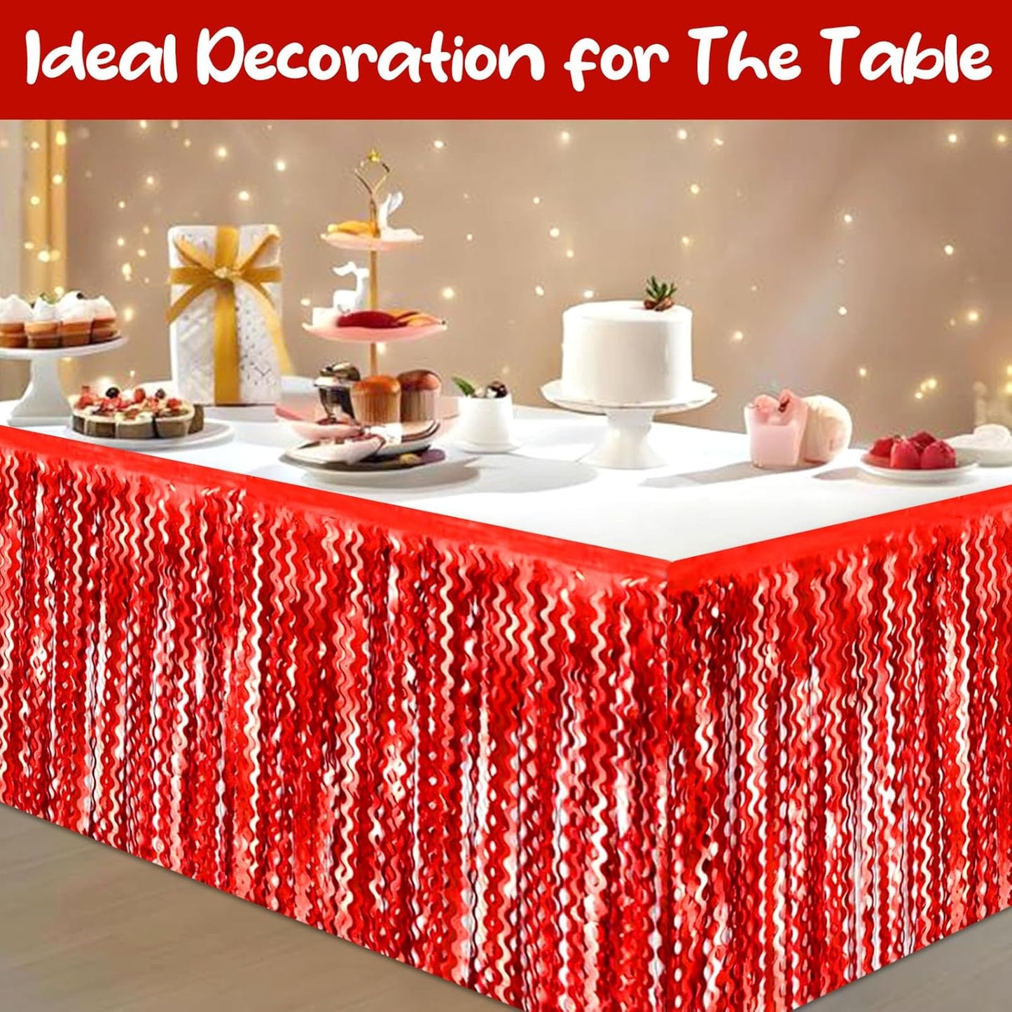 6 Pack 29 x108 Inch Red Wave Foil Fringe Table Skirts Metallic Banner for Tinsel Streamer Garland Backdrop for Parade Floats, Mother's Day, Easter, Wedding, Birthday Party Decoration