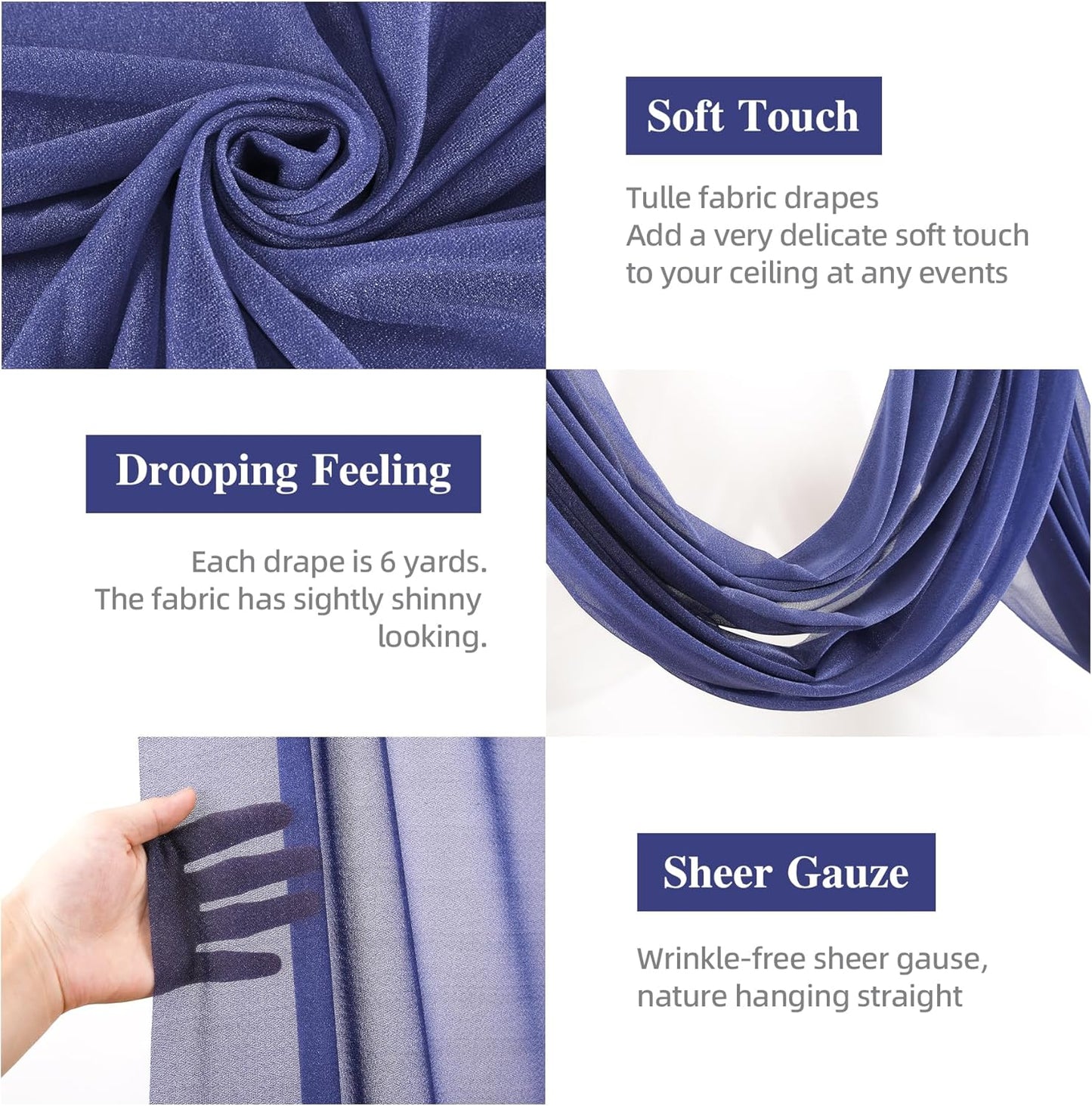 PARTISKY Wedding Arch Draping Fabric, 2 Panels 6 Yards Navy Blue Sheer Backdrop Curtain Window Scarf Valance for Table Event Party Home Decorations（2 Panels）, Navy Blue
