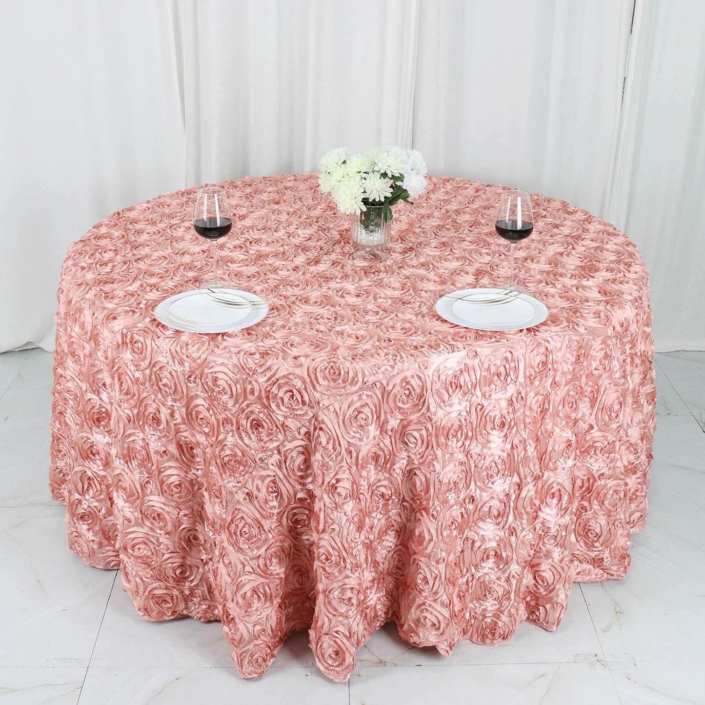 Efavormart 120" Dusty Rose Grandiose 3D Rosette Satin Round Tablecloth for Wedding Party Event Decoration