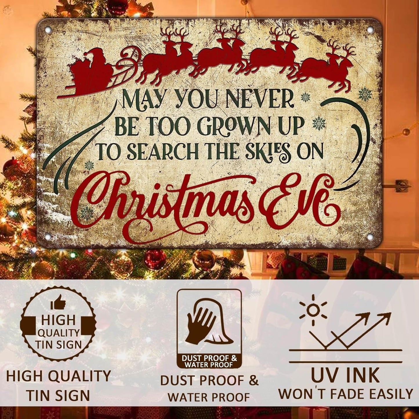 Christmas Signs Vintage Metal Tin, May You Never to Too Grown Up to Search The Skies Christmas Eve 8x12 Inch Rustic Wall Art for Festive Home Decor and Holiday Gifts