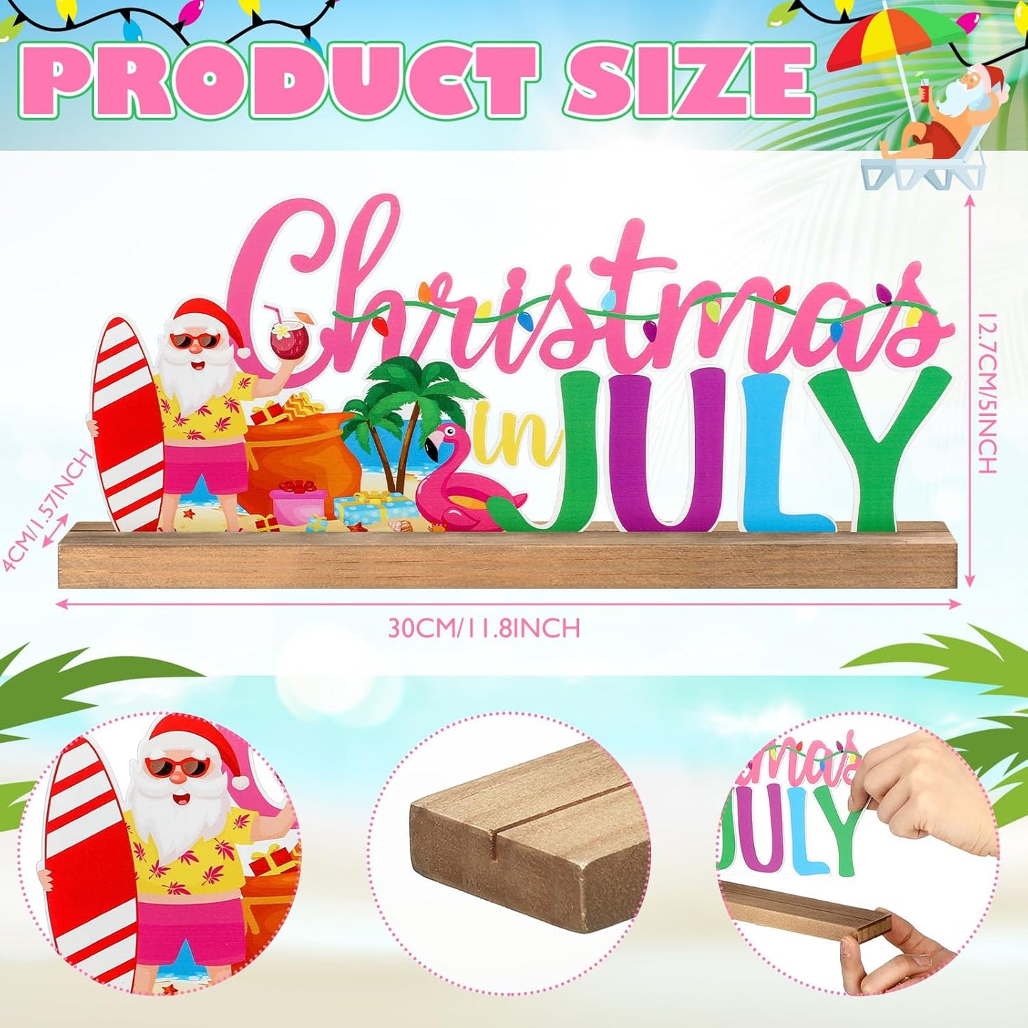 Christmas in July Metal Sign Rustic Table Decor Holiday Tiered Tray Decor with Wooden Base Freestanding Metal Word Sign for Home Tabletop Centerpiece Mantel Shelf Fireplace