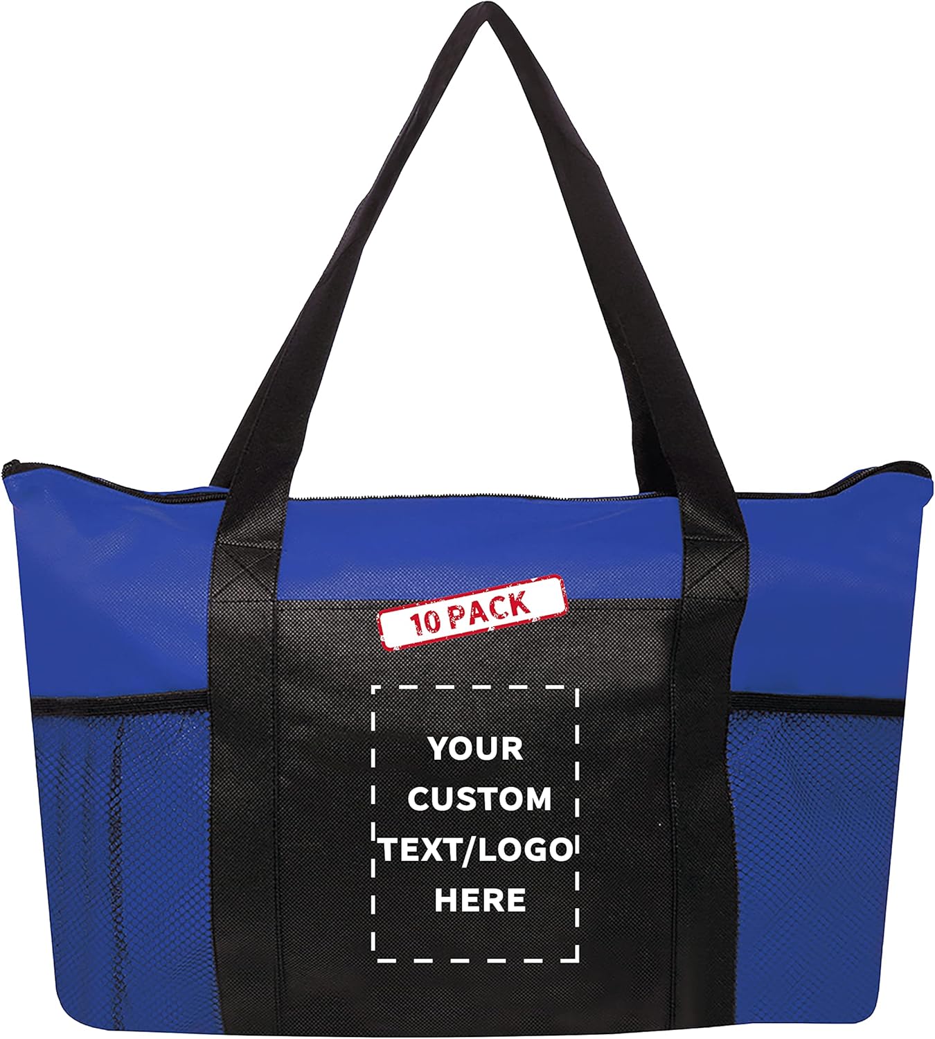 DISCOUNT PROMOS 10 Zippered Non-Woven Tote Bags Set - Customizable Text, Logo - Mesh Pocket, Zippered, Recyclable, Reusable - Blue - 19"X14"X3", with Zipper