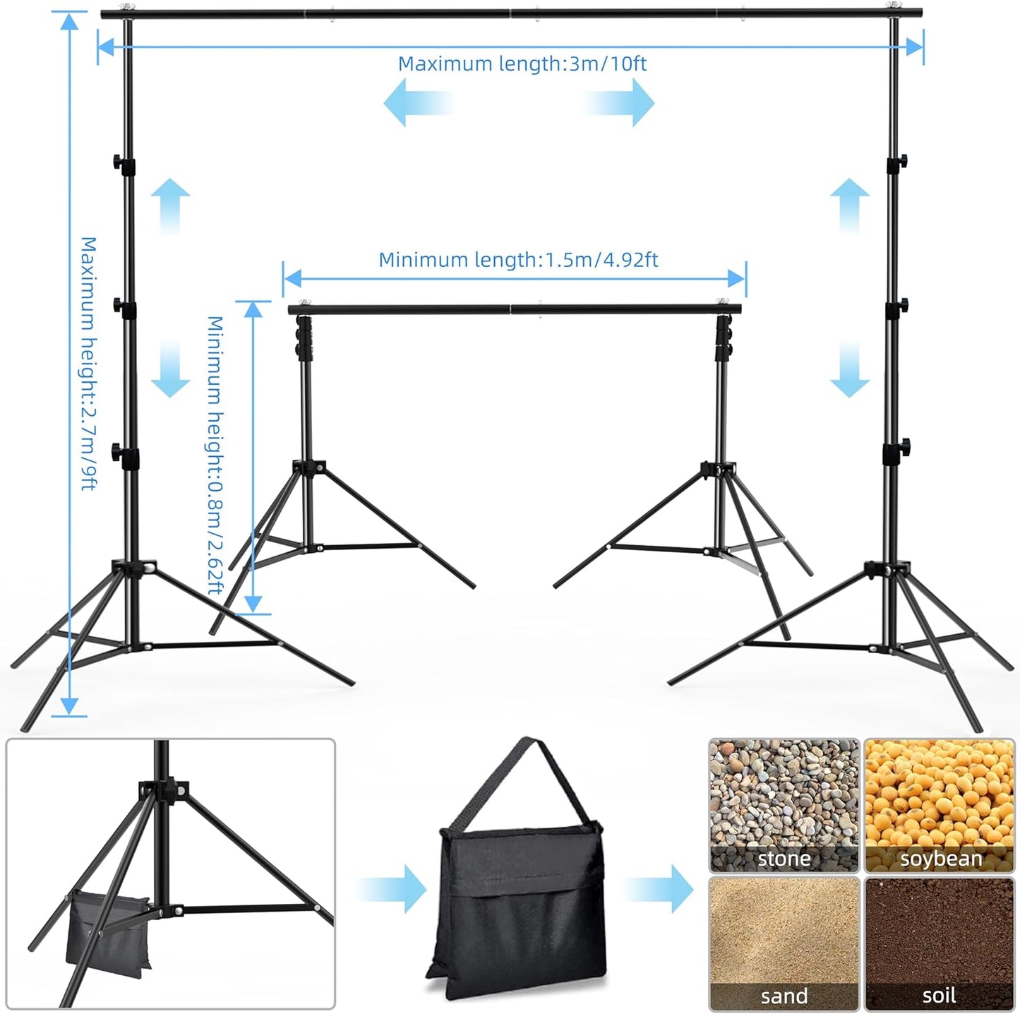Photo Backdrop Stand, 10x9ft(WxH) Adjustable Photography Backdrop Stand, Aluminum Alloy Studio Photo Background Stand Support System for Party, Wedding, Photography, Advertising Display