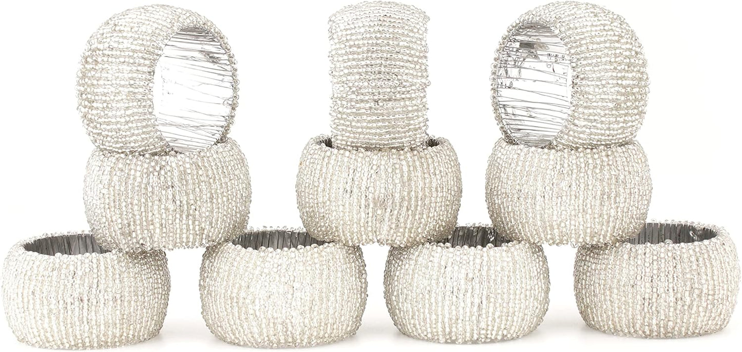 Decorative Beaded Napkin Rings Set of 12 - Rhinestone Serviette Holder for Table Décor, Christmas, Thanksgiving, Weddings, Parties, Artisan Festive Luxury Dining Napkin Holders (Silver) - CLEENTABLE