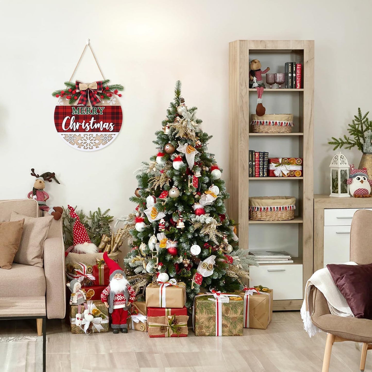 CHDITB 3D Merry Christmas Front Door Sign Wreath(11.4”), Red Black Bufflao Plaid Christmas Decoration Wall Hanging with Snowflakes Berries Mistletoe, Rustic Farmhouse Xmas Decor for Home Winter Party