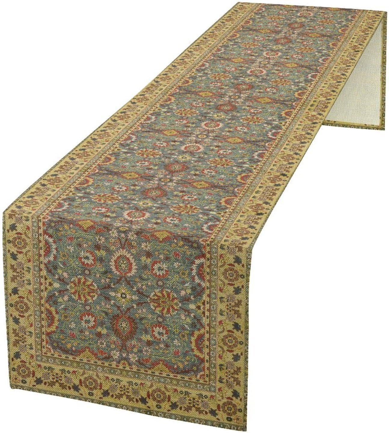 Boho Floral Vintage Beige Blue Table Runner, Retro Flower Rustic Country Farmhouse Abstract Pattern for Home Kitchen Table Decor Dining Coffee Room Party Decor 13x36in