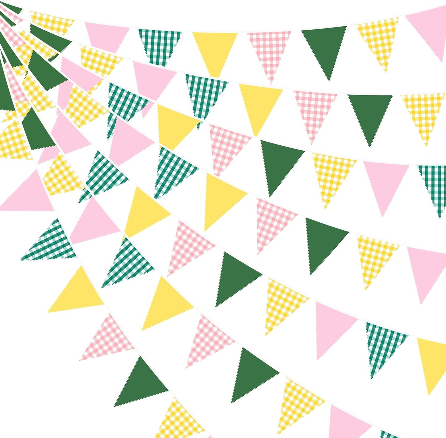 32Ft Camp Bride Party Decorations Pink Green Yellow Gingham Fabric Triangle Banner Flag Plaid Pennant Garland Streamers for Camping Bachelorette Glamping Baby Shower Picnic Birthday Decor Supplies