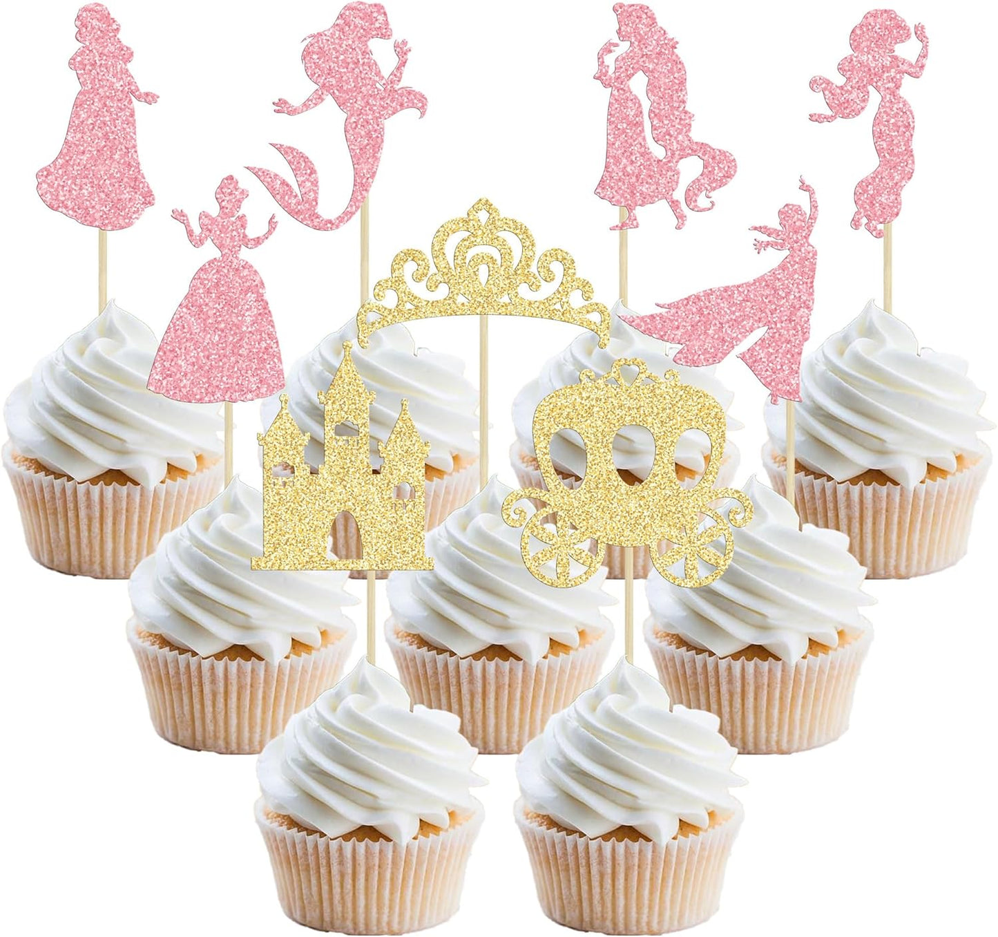 Gyufise 36Pcs Princess Cupcake Toppers Crown Castle Girl Cake Toppers Decorations Birthday Fruits Picks for Princess Girl Babyshower Theme Party Decoration