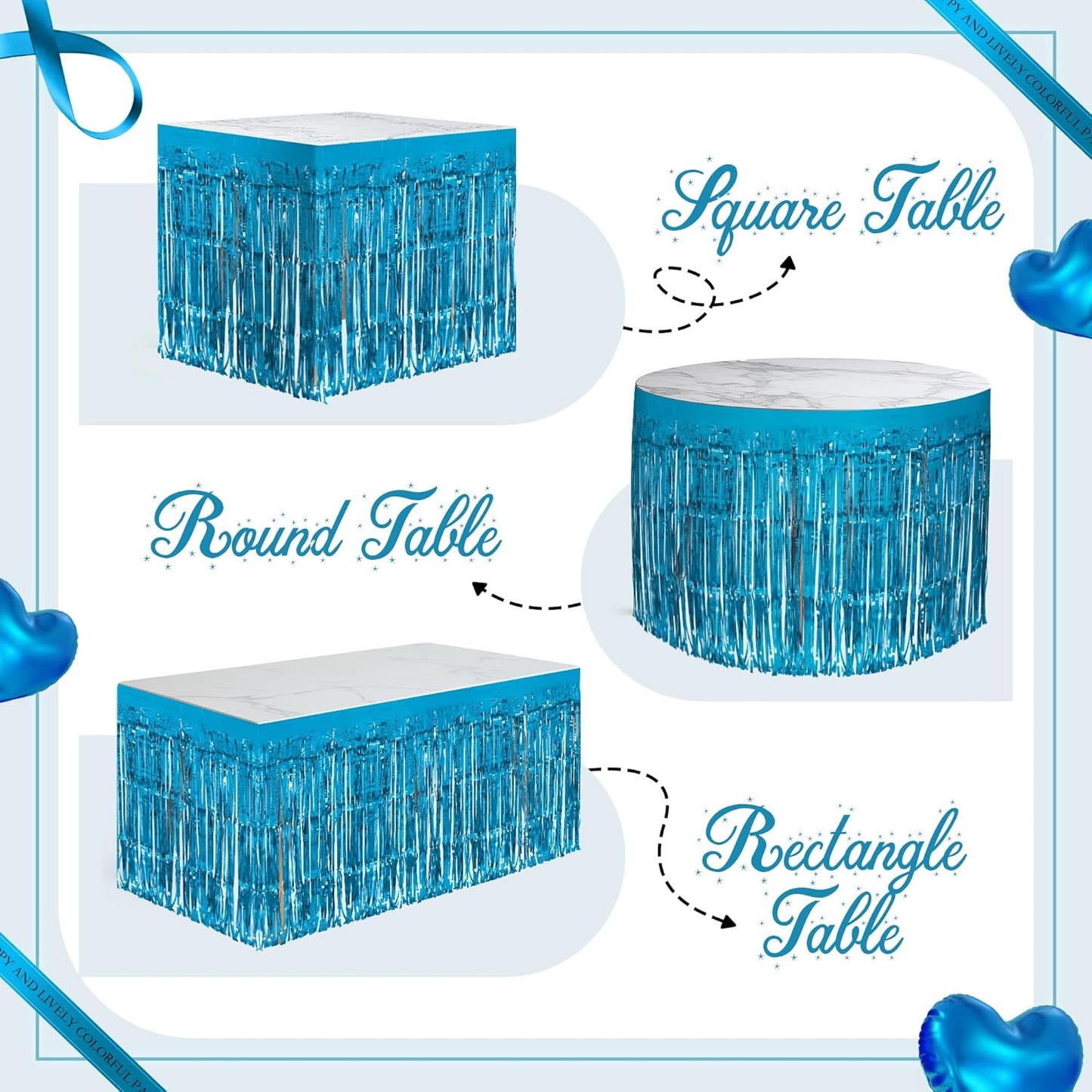4 Pack Lake Blue Table Skirts, 29x108" Metallic Foil Tinsel Fringe Table Skirts for Rectangle Tables Streamer Curtains Backdrop, Party Decorations for Birthdays Weddings Holidays