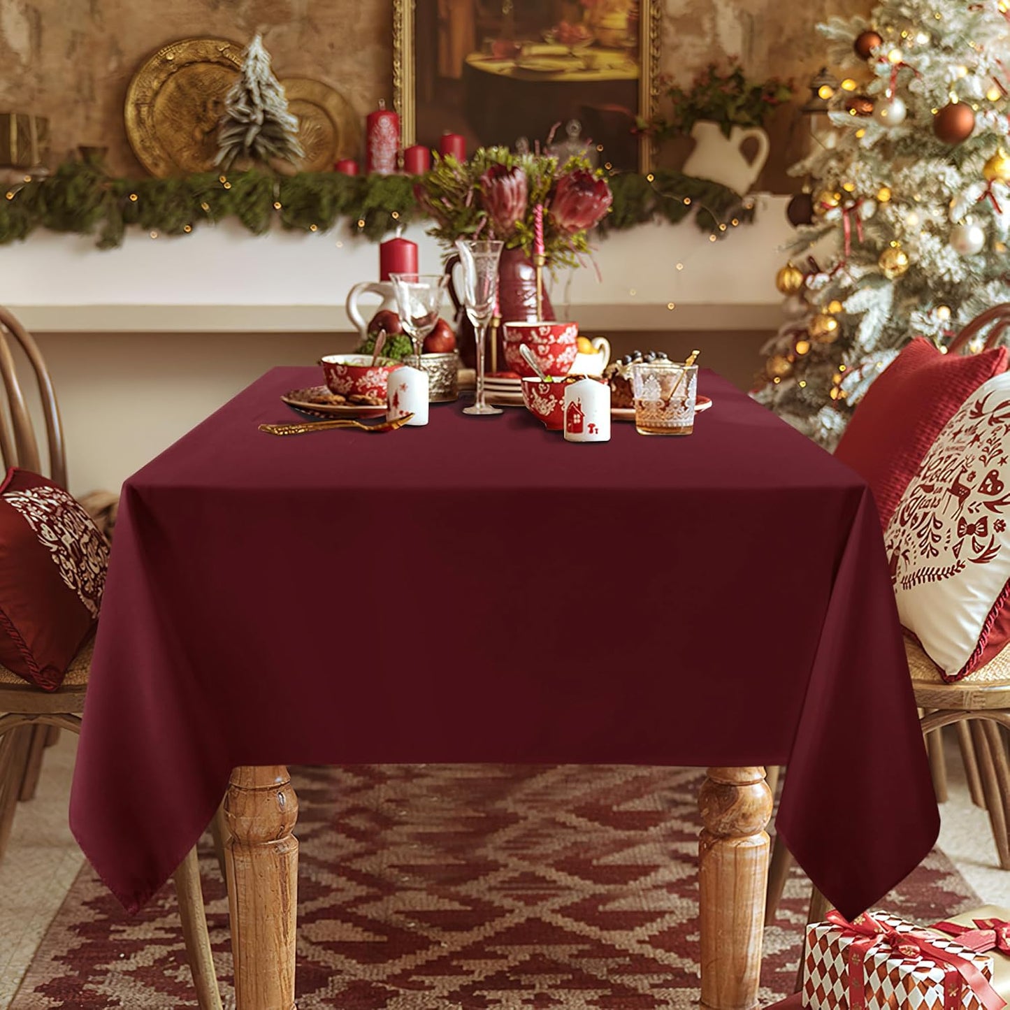 sancua 2 Pack Burgundy Tablecloth 54 x 54 Inch, Stain and Wrinkle Resistant Square Table Cloth - Washable Polyester Table Cover for Dining Tables, Buffet Parties and Camping