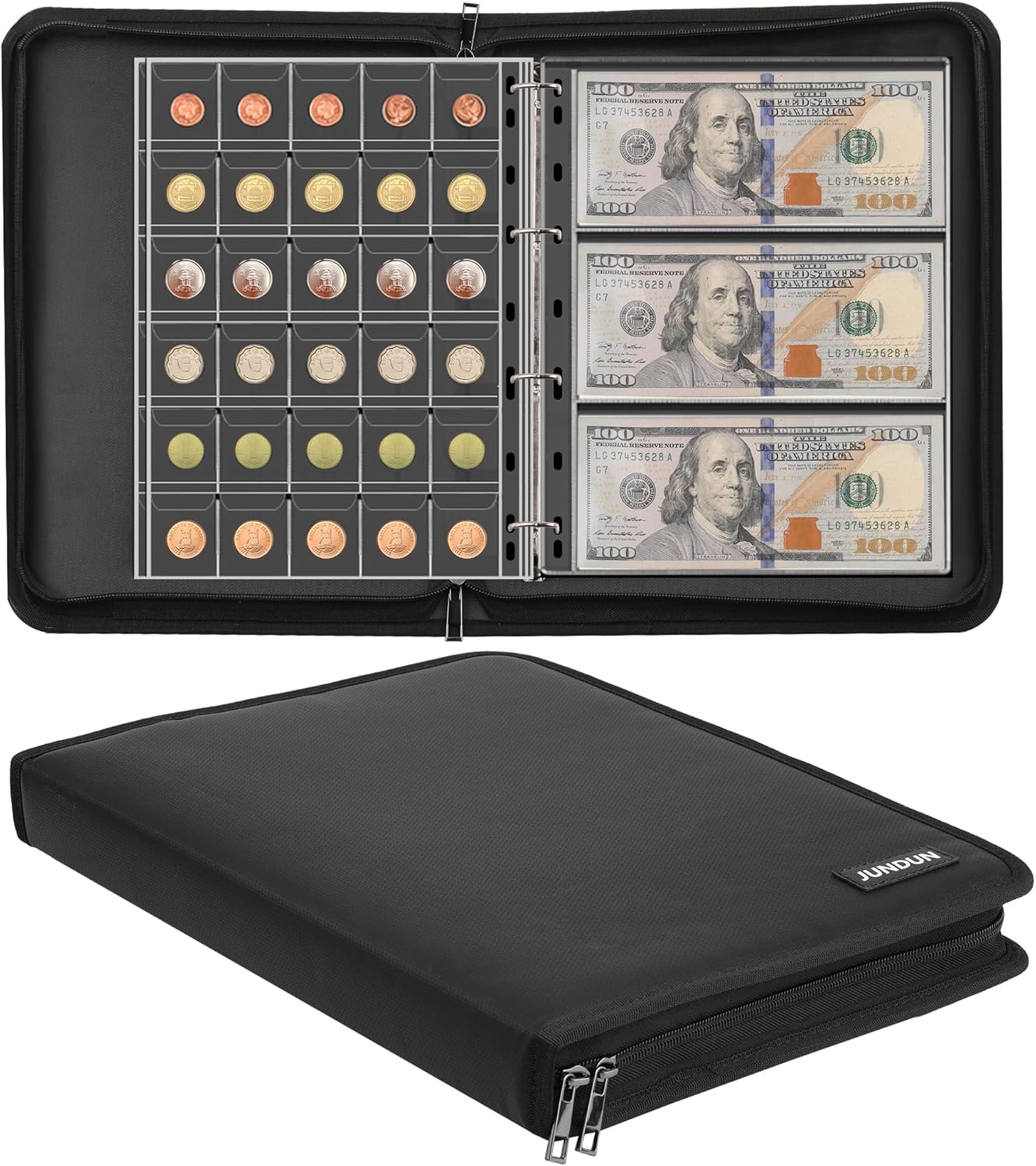 Fireproof Coin Collection Album for Collectors, 300 Pockets Coins Collecting Album & 36 Sleeves Money Storage Case for Coin Currency Collection Supplies, Bill, Pennies, Quarters, Stamp,F65C001B