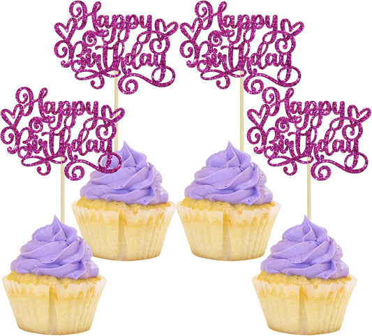 Gyufise 24Pcs Happy Birthday Cupcake Toppers Glitter Happy Birthday Cupcake Picks for Celebrating Happy Birthday Party Decor Anniversary Theme Party Cake Decorations Supplies Purple
