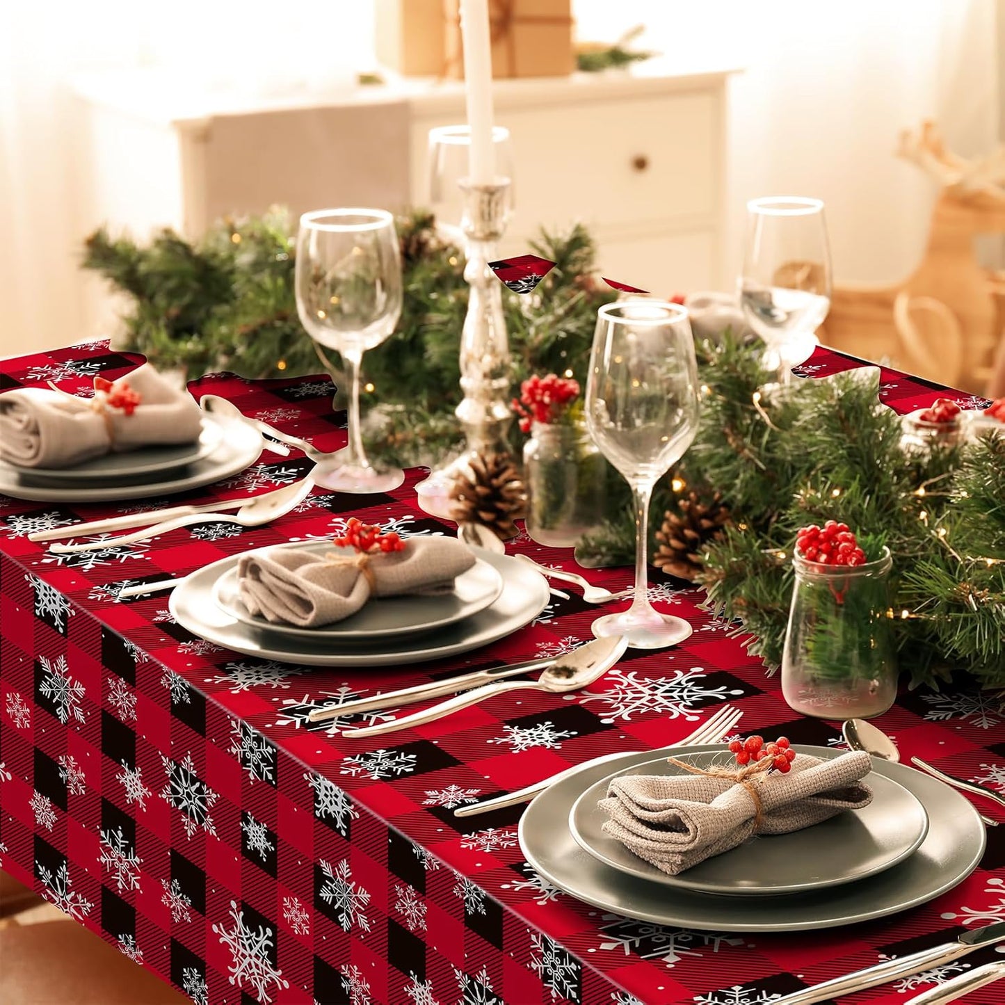 12 Pieces Red and Black Buffalo Plaid Merry Christmas Party Tablecloth Decorations,Plastic White Snowflake Buffalo Plaid Sign Table Cover for Winter Christmas Holiday Party Supplies,54x108 inch