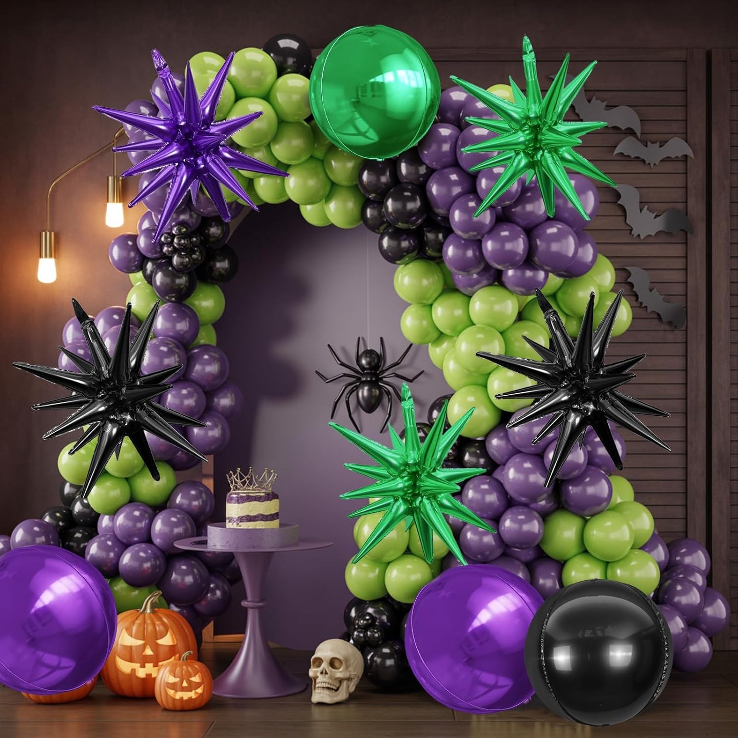 6Pcs Black Purple Green Foil Balloons,22Inch Black Green Purple 4D Round Ball Balloon and Explosion Star Balloon for Halloween Birthday Wedding Baby Shower Anniversary Party Decorations