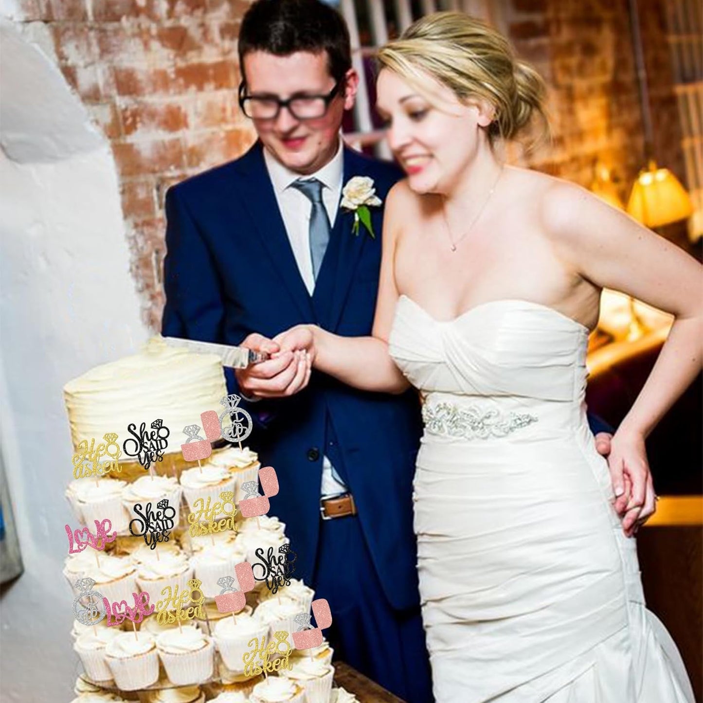 30 PCS He Asked She Said Yes Cupcake Toppers Diamond Ring Cupcake Picks Love I Do Bridal Shower Cake Decorations for Wedding Enaggement Theme Party Supplies Colorful