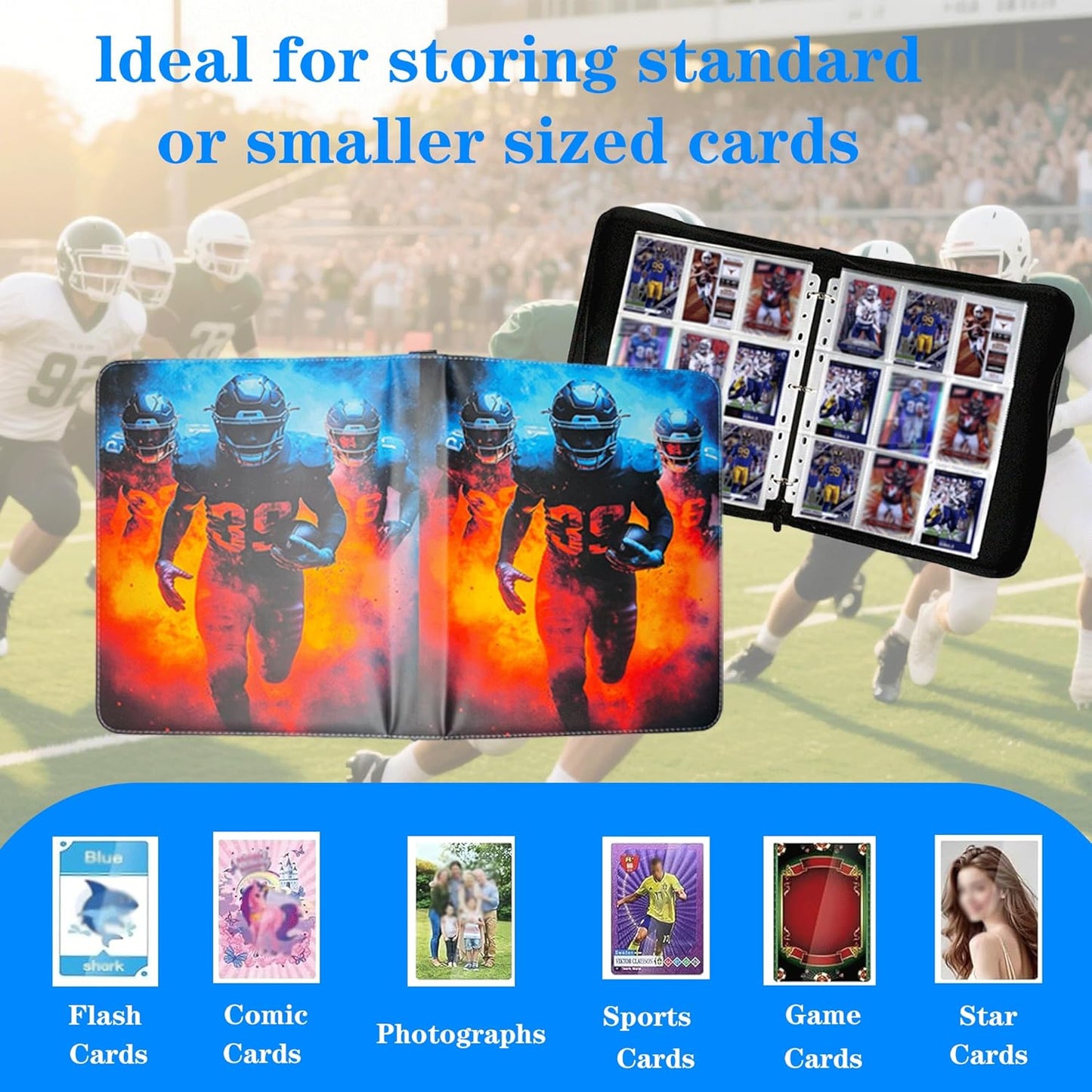Trading Card Binder 9 Pocket, Pockets Football Card Binder, Premium Double Sided Pocket PU Cover Card Collection Binder for 900 Cards, Card Album for YuGiOh, MTG, TCG, Game Cards & Sports Cards
