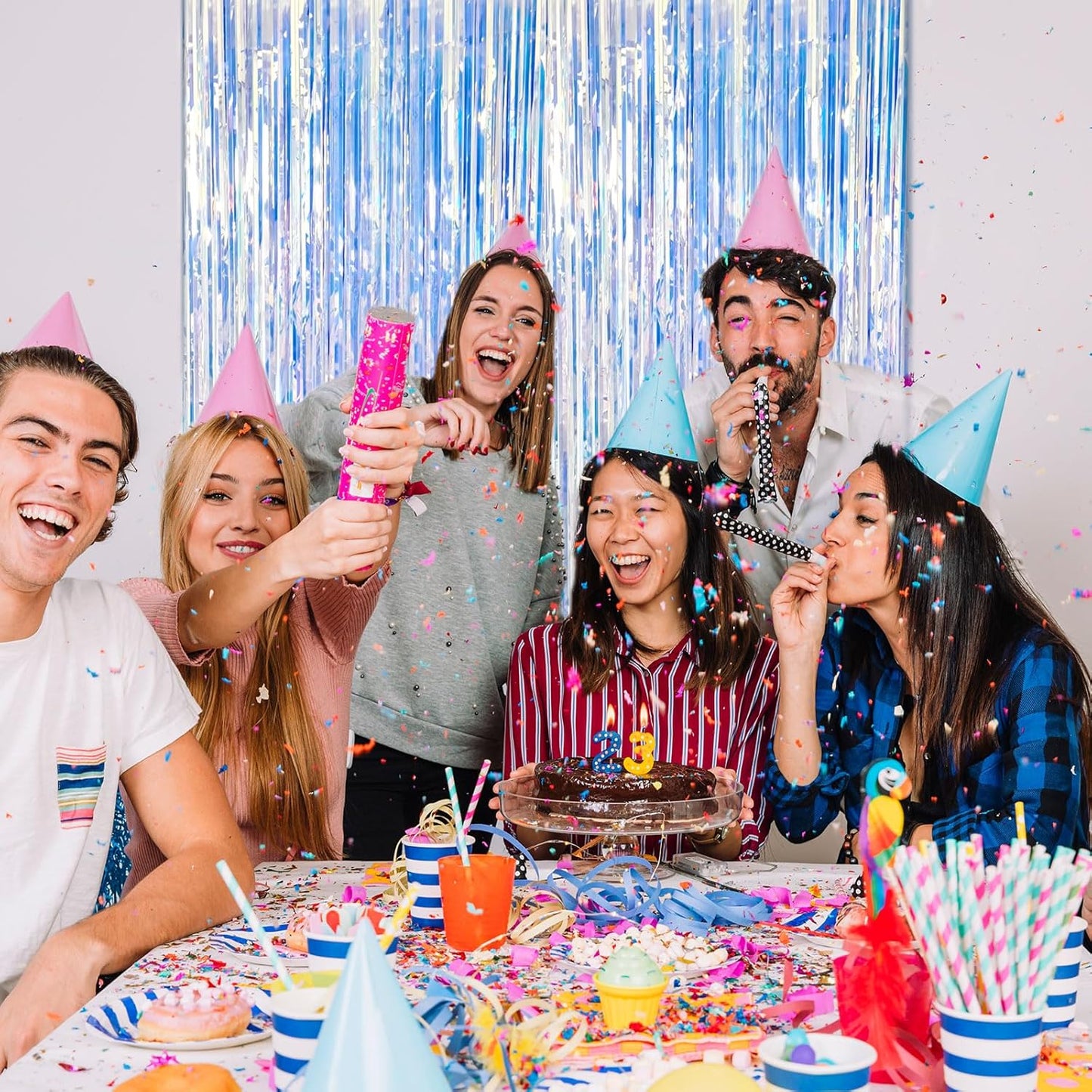 5 Pack Foil Curtain Backdrop Iridescent Metallic Tinsel Foil Fringe Curtains Photo Booth Props for Birthday Wedding Engagement Baby Shower Bachelorette Christmas Holiday Celebration Party Decorations