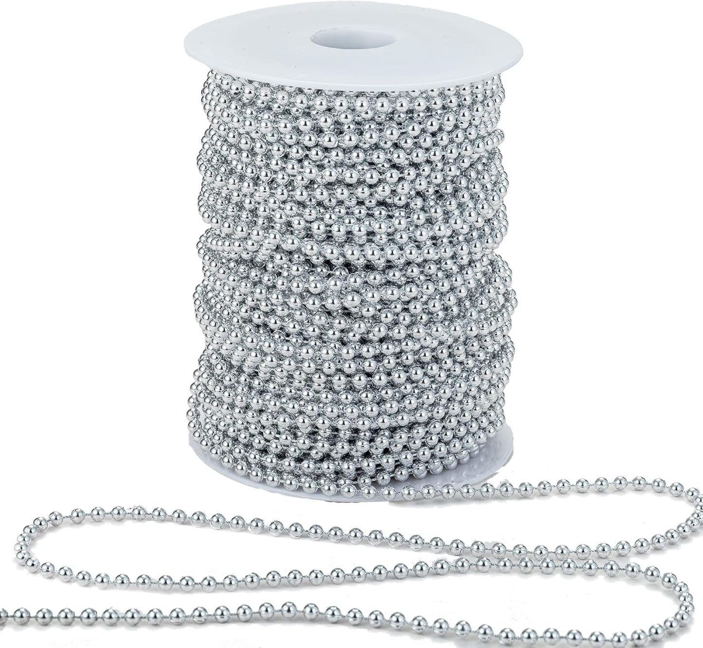 4mm Crafts Faux Pearl Beads Garland Pearl Bead Roll Strand of Pearls to Decorate Floral Centerpieces Wedding Party Favor Christmas Tree(131 Feet Silver)