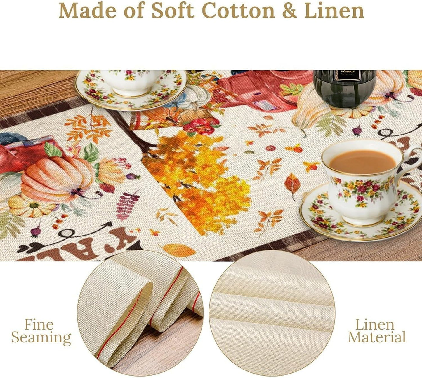 Fall Pumpkin Table Runner,Rustic Maple Yellow Leaf Trees Truncks Brown Plaid Tablecloth Burlap for Hotel Indoors Outdoor Dining Room Kitchen Home Decor,W13X L90 in