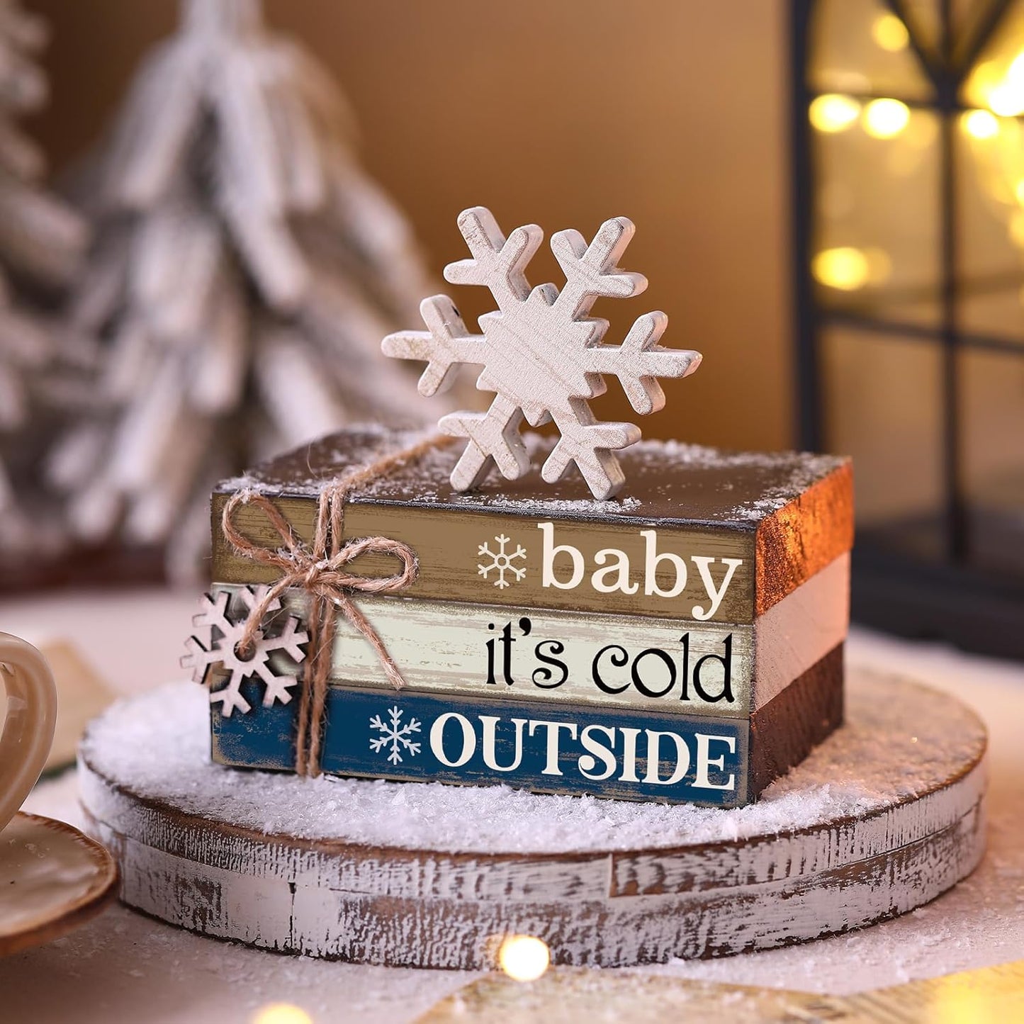 4 Pcs Winter Christmas Decor Winter Table Decorations Christmas Tiered Tray Decor Centerpiece Decorations Indoor Rustic Wooden Snowflake Block Sign Gift Farmhouse for Home Kitchen Shelf