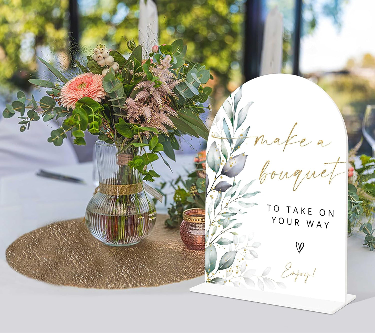 Acrylic Wedding Signs, Greenery Theme Make a Bouquet Sign, Wedding Reception Signage, Bridal Shower Table Decor with Stand, Engagement, Anniversary, Newlywed Events and Parties Supplies, 02