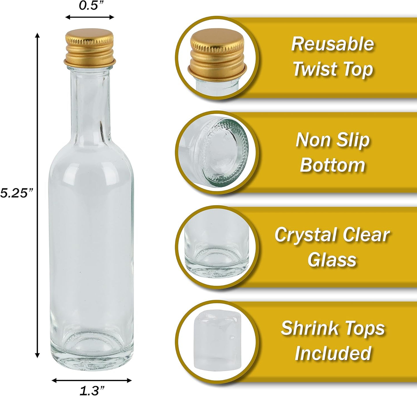 50 ml (1.7oz) 24 Pack, Mini Small Glass Bottles With Leak Proof Air Tight Gold Caps, Aluminum Lids, For Liquor Wine Alcohol Ginger Shots SamplesTequila