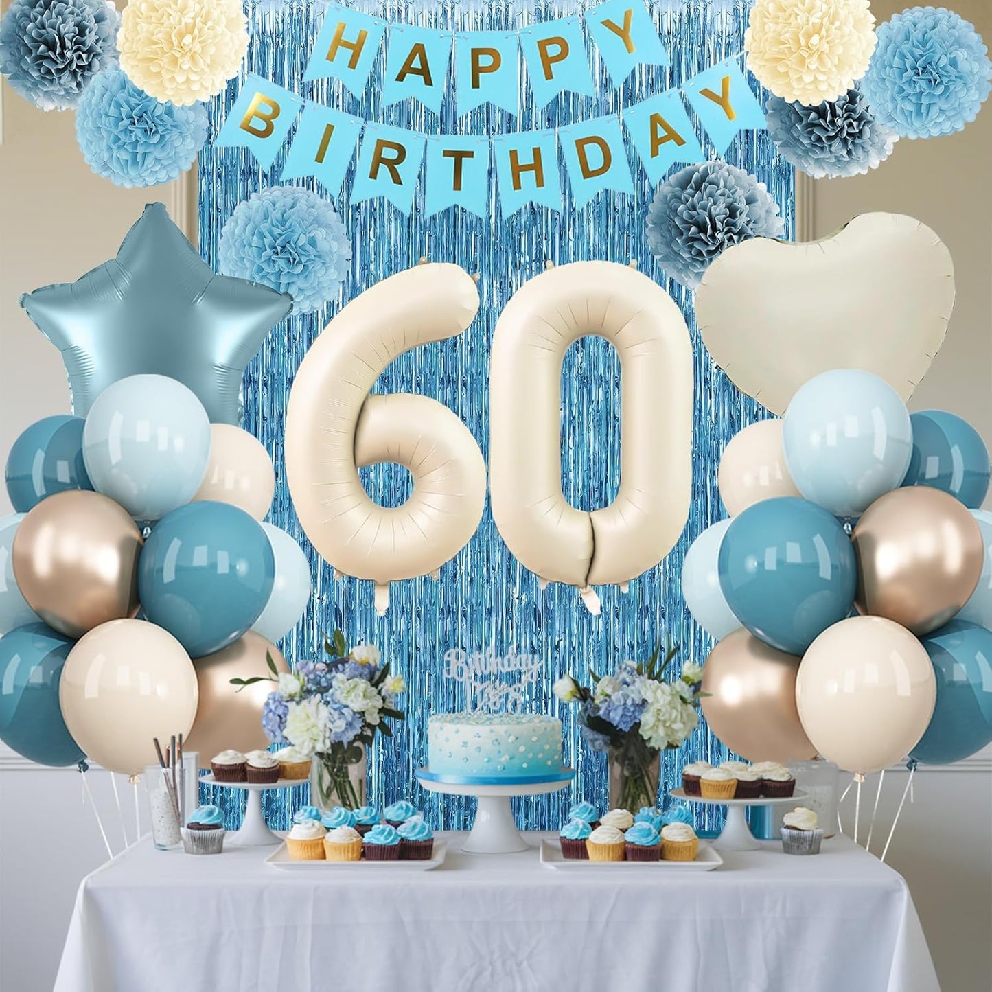 Dusty Blue 60th Birthday Party Decorations for Women Men Beige Cream Number 60 Balloon with Blue Gold Happy Birthday Banner Fringe Curtain Paper Pom Poms Nude White Sand Champagne Star Foil Balloons
