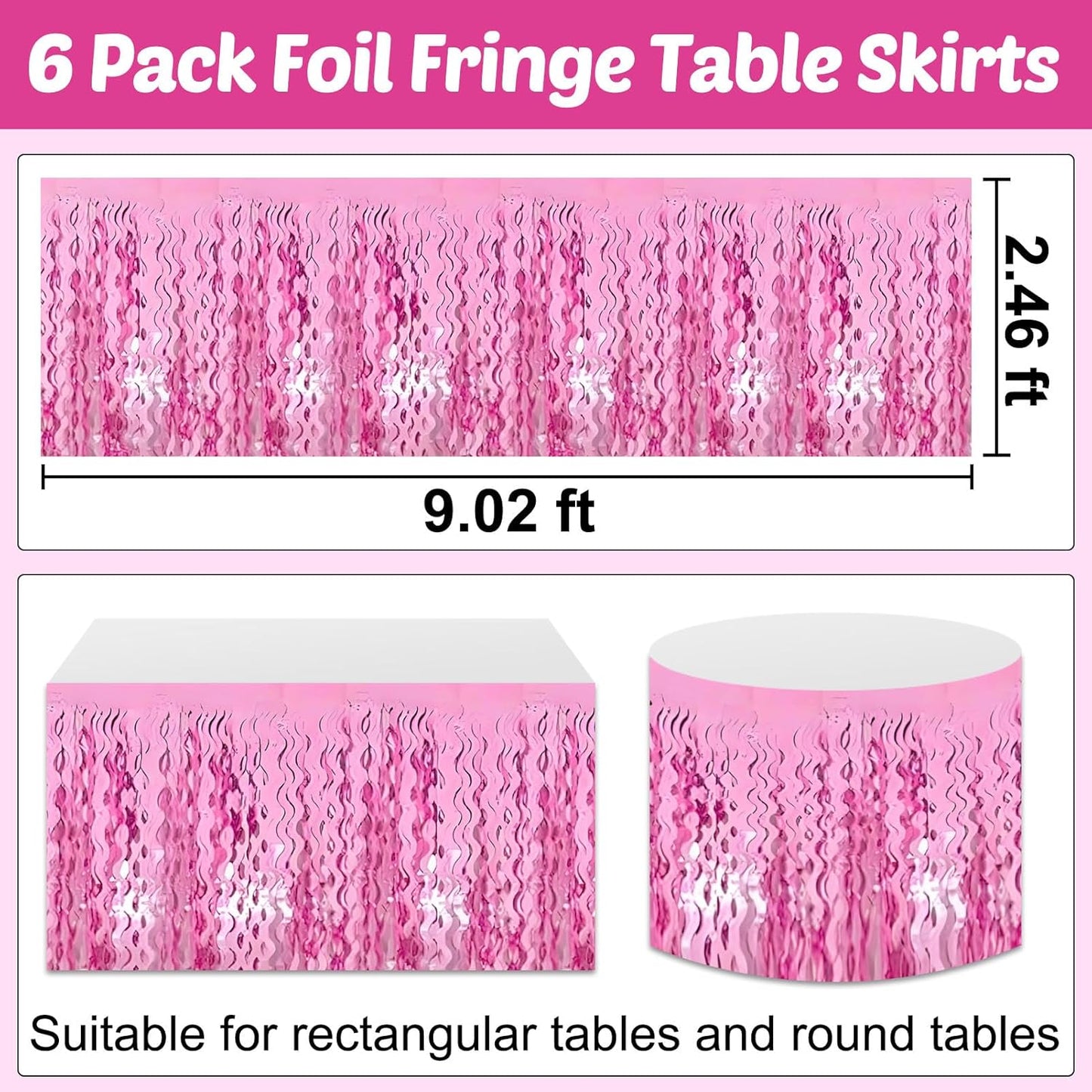 6 Pack 29x108 Inch Pink Wave Foil Fringe Table Skirts Metallic Banner for Tinsel Streamer Garland Backdrop for Parade Floats Wedding, Mother's Day, Birthday Mardi Gras Party Decorations