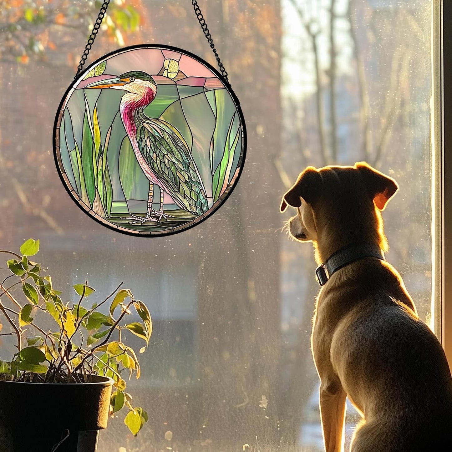 Stained Glass Window Hanging 4 Pcs Set Cute Animal Large 11.8"- Green Plant Pink Suncatcher Door Garden Sun Catcher Decor Birthday Christmas for Mom Woman Nana Men Friend