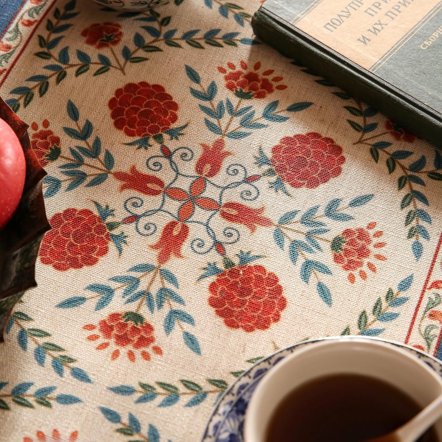 patdrea Designer Vintage Bright Farmhouse Linen Table Runner 102 Inch Long, Maroon Floral Pattern Table Mat, Decoration for Kitchen Dining Table Coffee Table Cabinet Banquet Christmas ,12"*102"