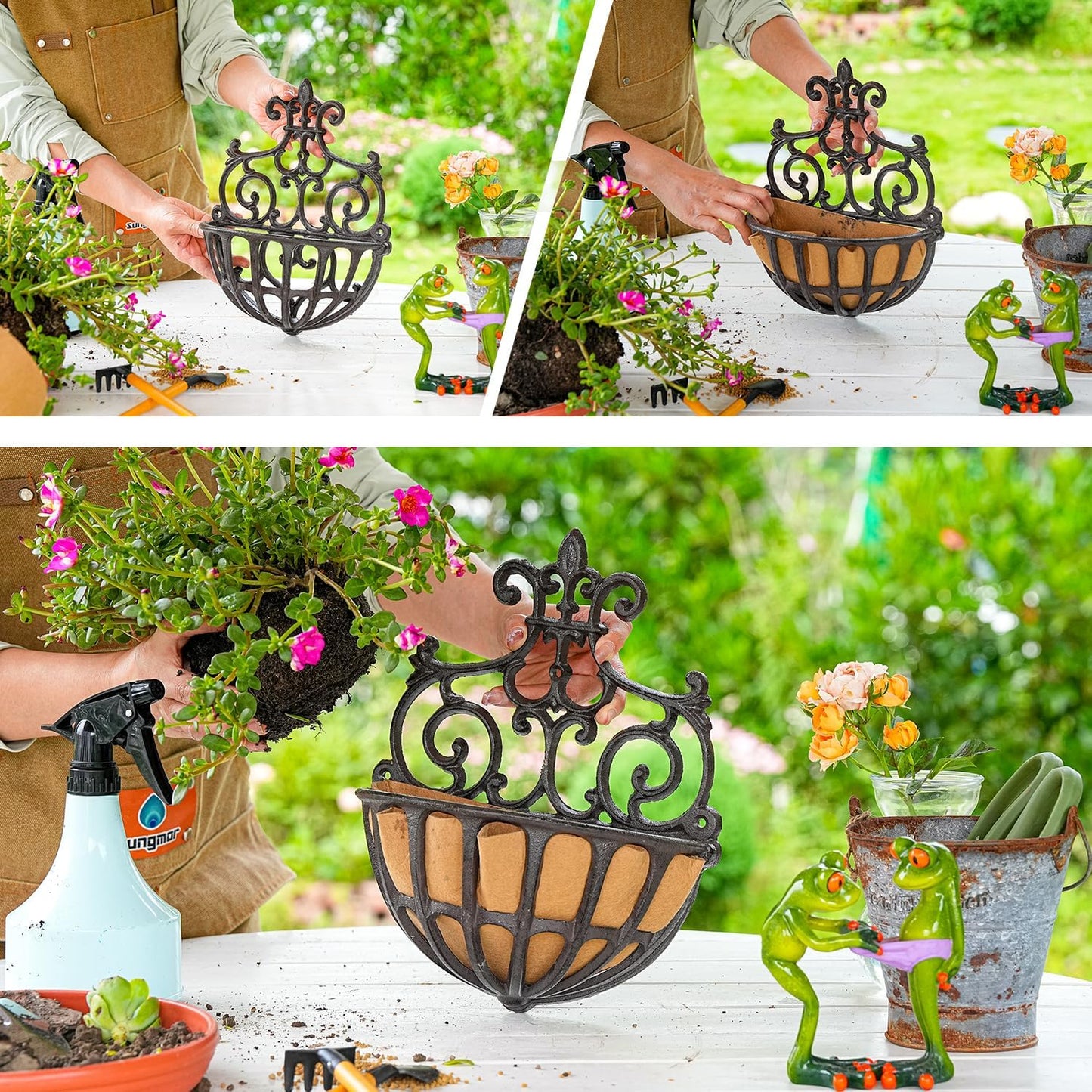 Sungmor 2PC Small Cast Iron Baskets, Heavy-Duty Wall Hanging Hollow Planter w/Fabric Liner, Antique Victoria Half Round Wall Pot Plants Holder, Outdoor Railing Fence Balcony Hanging Basket Flower Pot