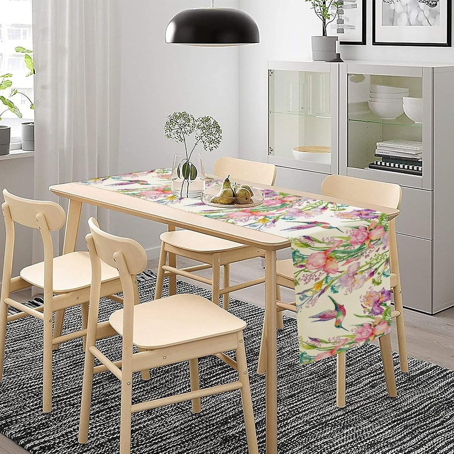 Hummingbird Table Runner,Pink Floral Country Style Table Runner for Kitchen Dining Table Home Party Decoration 13x108 Inch