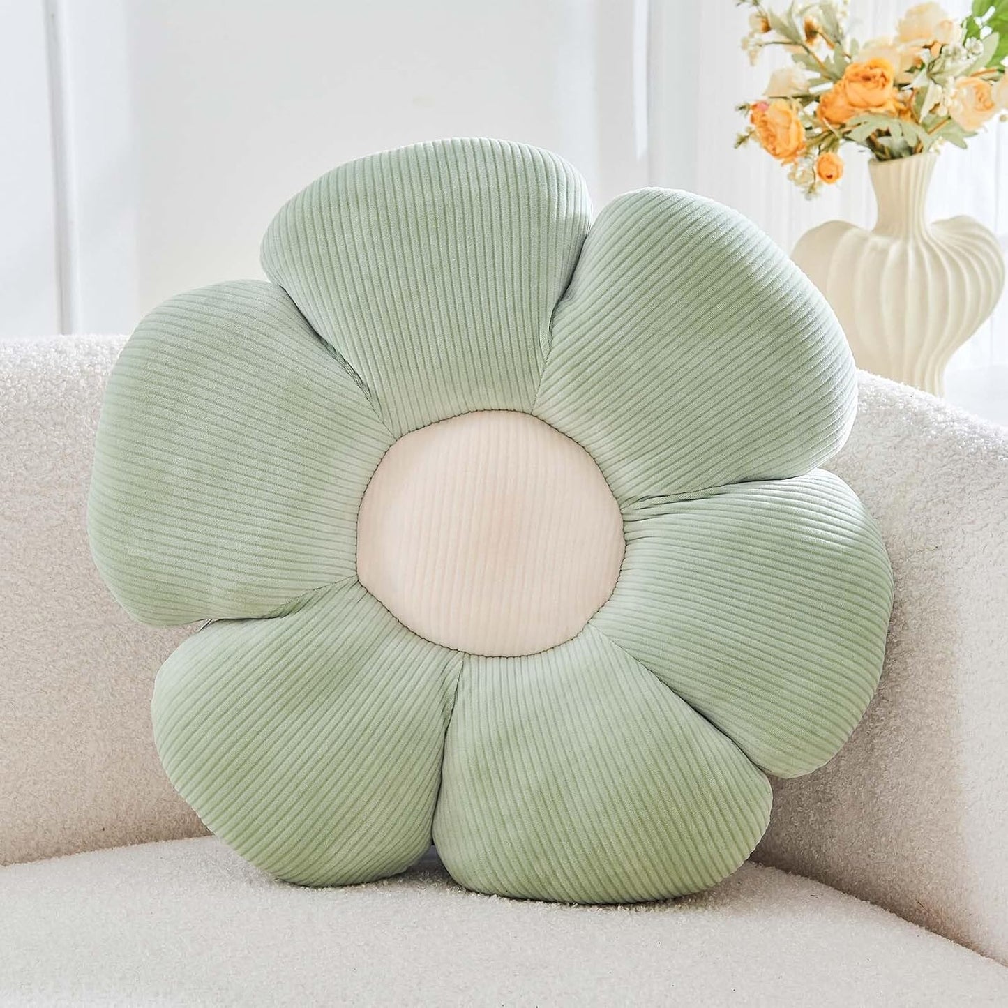 Sage Green Flower Pillow, 17.7" Cute Flower Shaped Floor Pillow, Aesthetic Floral Plush Daisy Decorative Throw Pillows for Bed Sofa Couch