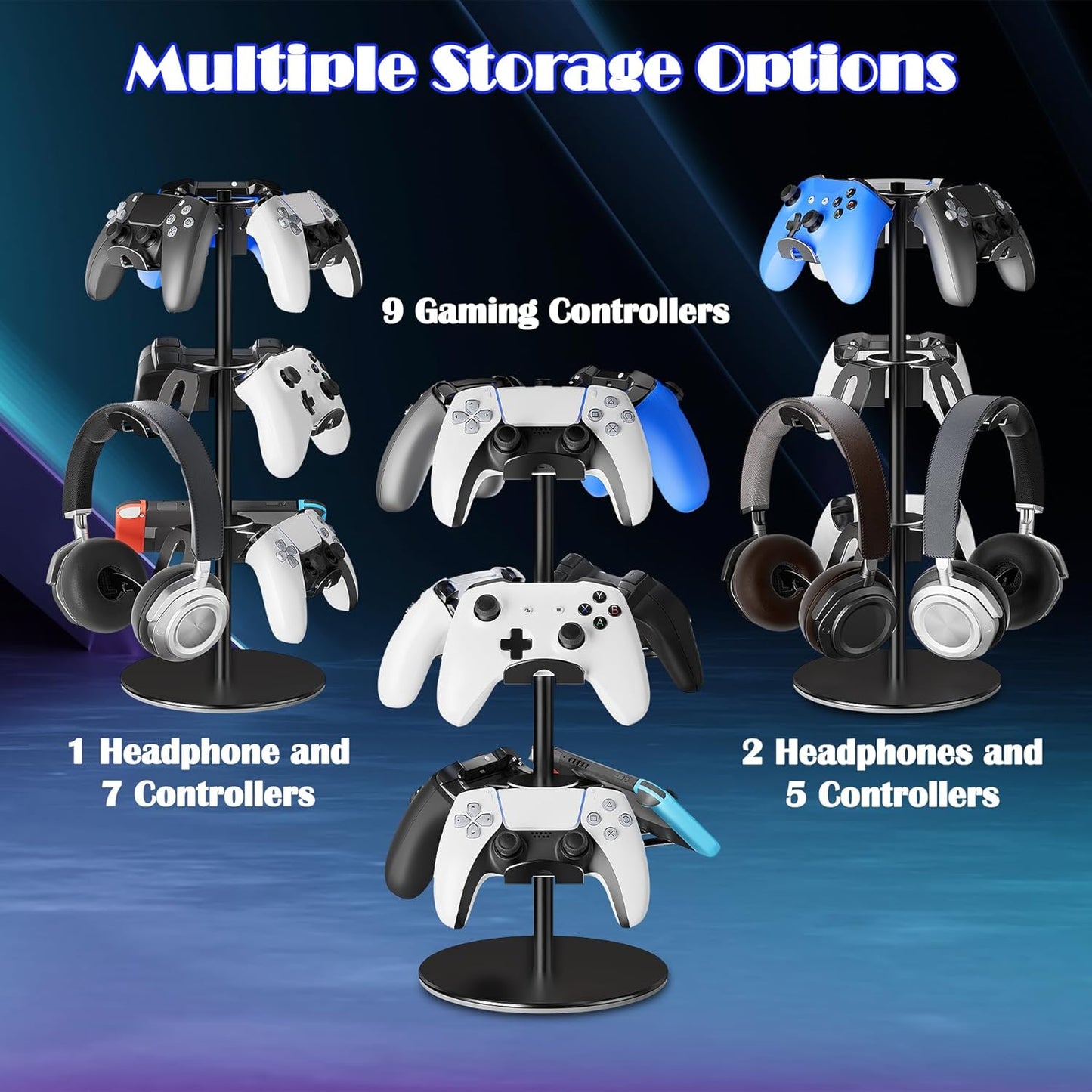 Controller Holder Stand 3 Tiers, Rotatable Gaming Headset Stand Compatible with Xbox PS5 PS4 Nintendo Switch Pro, Aluminum Headphone Organizer Rack, Desktop Gampads Holder, Black
