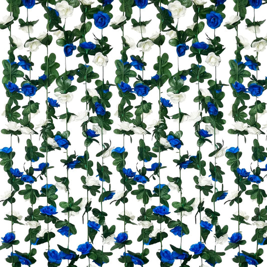 8Pcs 63Ft Royal Blue&White Fake Rose Hanging Flowers, Artificial Flower Vine, Hanging Floral Vine Garland for Wedding, Wall Arch, Halloween, Christmas Garden Backdrop Decor