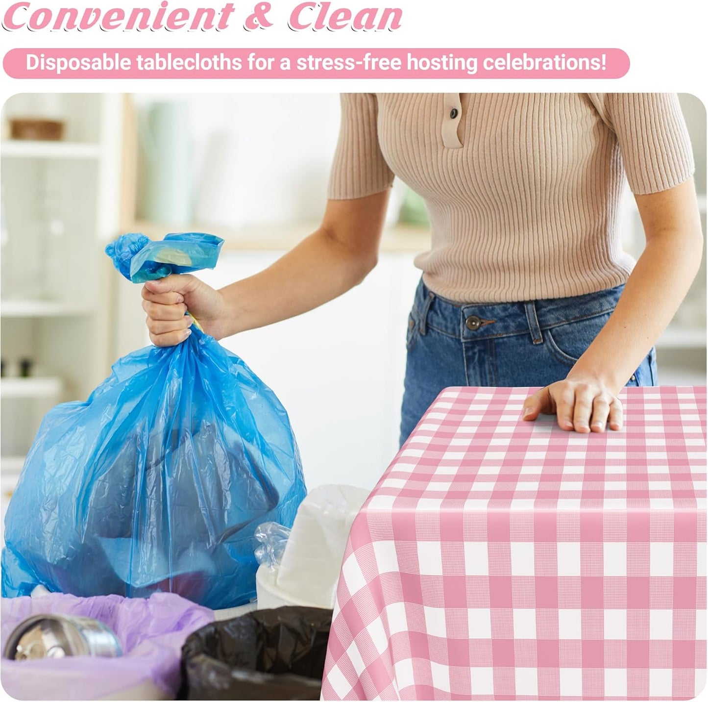 4Pack Pink Table Cloth, 54" x 108" Plastic Table Cloth Disposable, Waterproof Picnic Table Cover Checkered Rectangle Tablecloths for Indoor Outdoor Picnic Birthday Party Supplies Gathering BBQ Holiday