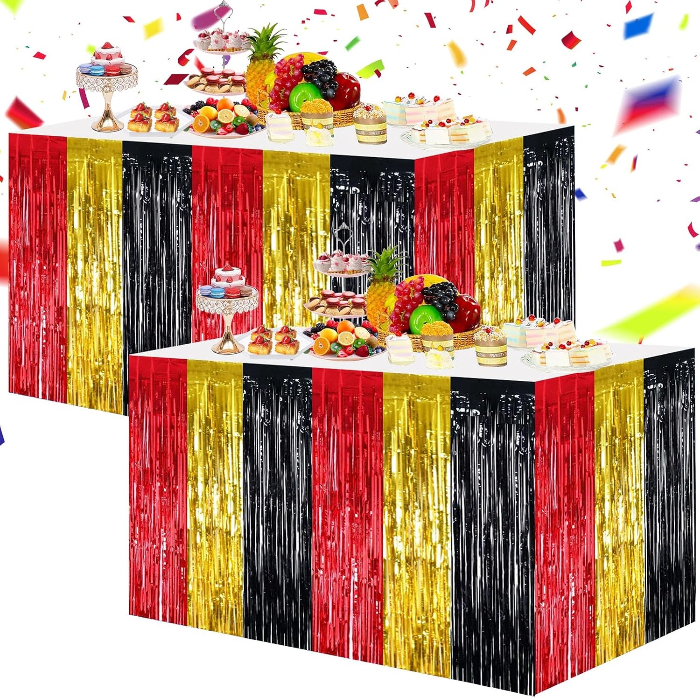 BEISHIDA 2 Pack Red Gold Black Table Skirts Party Decorations Metallic Tinsel Foil Fringe Decors for Rectangle and Round Table Graduation Casino New Year Mouse Theme Birthday Party Decorations