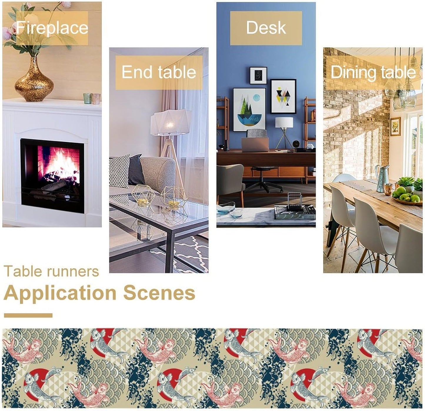 Japanese Table Runner Oriental Tradition Kio Fish Art Printed Burlap Runner Home Kitchen Dining Table Living Room Decor Fabric 1 Panel W13xL60in