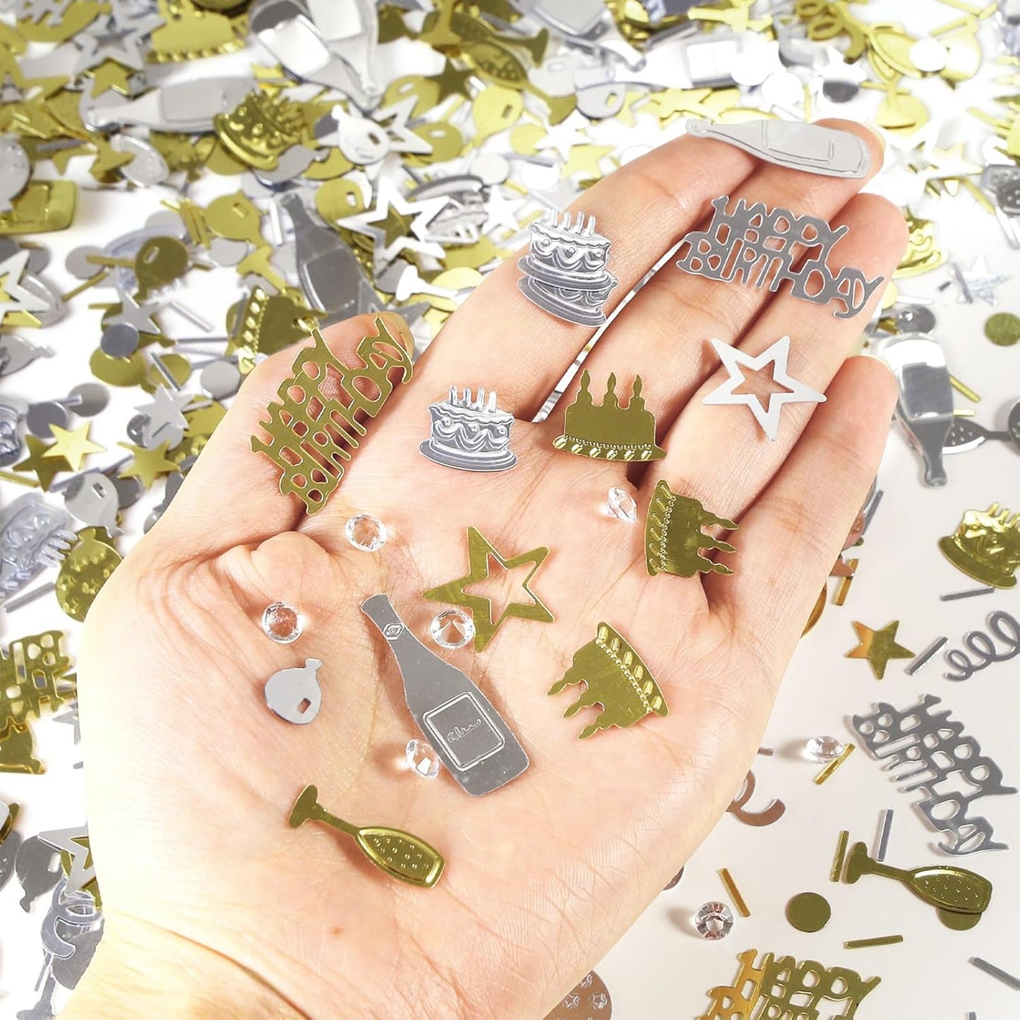 VHUWE Happy Birthday Confetti, 1.6 oz Champagne Gold Silver Cake Balloon Star Goblet Bottle Swirl Glitter Confetti for Boys Girls Kids Women Men Happy Birthday Party Table Decorations Supplies