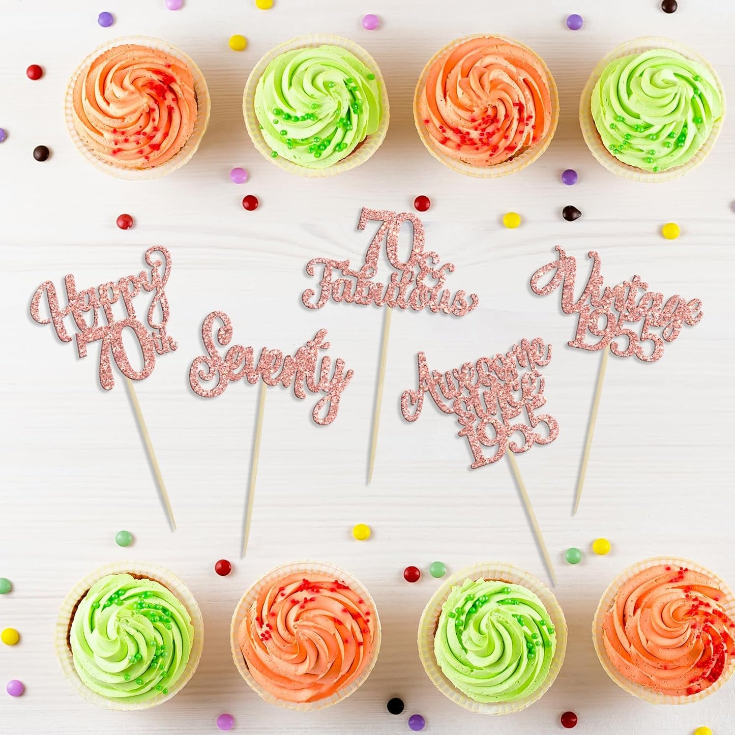 30Pcs Vintage 1955 Cupcake Toppers Glitter Seventy 70 Fabulous Happy 70th Birthday Cupcake Picks Cheers to 70 Years for 70th Birthday Anniversary Party Cake Decorations Supplies Rose Gold
