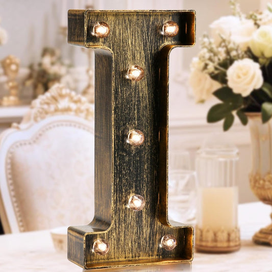 OYCBUZO Golden Black Led Marquee Letter - Industrial, Vintage Style Light Up Alphabet Letter Sign for Cafe Wedding Birthday Party Christmas Lamp Home Bar Initials Decor - I