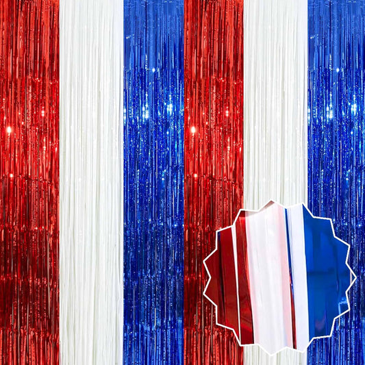 6 Pack White Blue Red Foil Fringe Curtains Backdrop, 3.28 x 8.2 Ft Metallic Streamers Tinsel Curtains Background for Photo Booth, Birthday, Weddings, Carnivals, Graduation, Themed Party Decorations