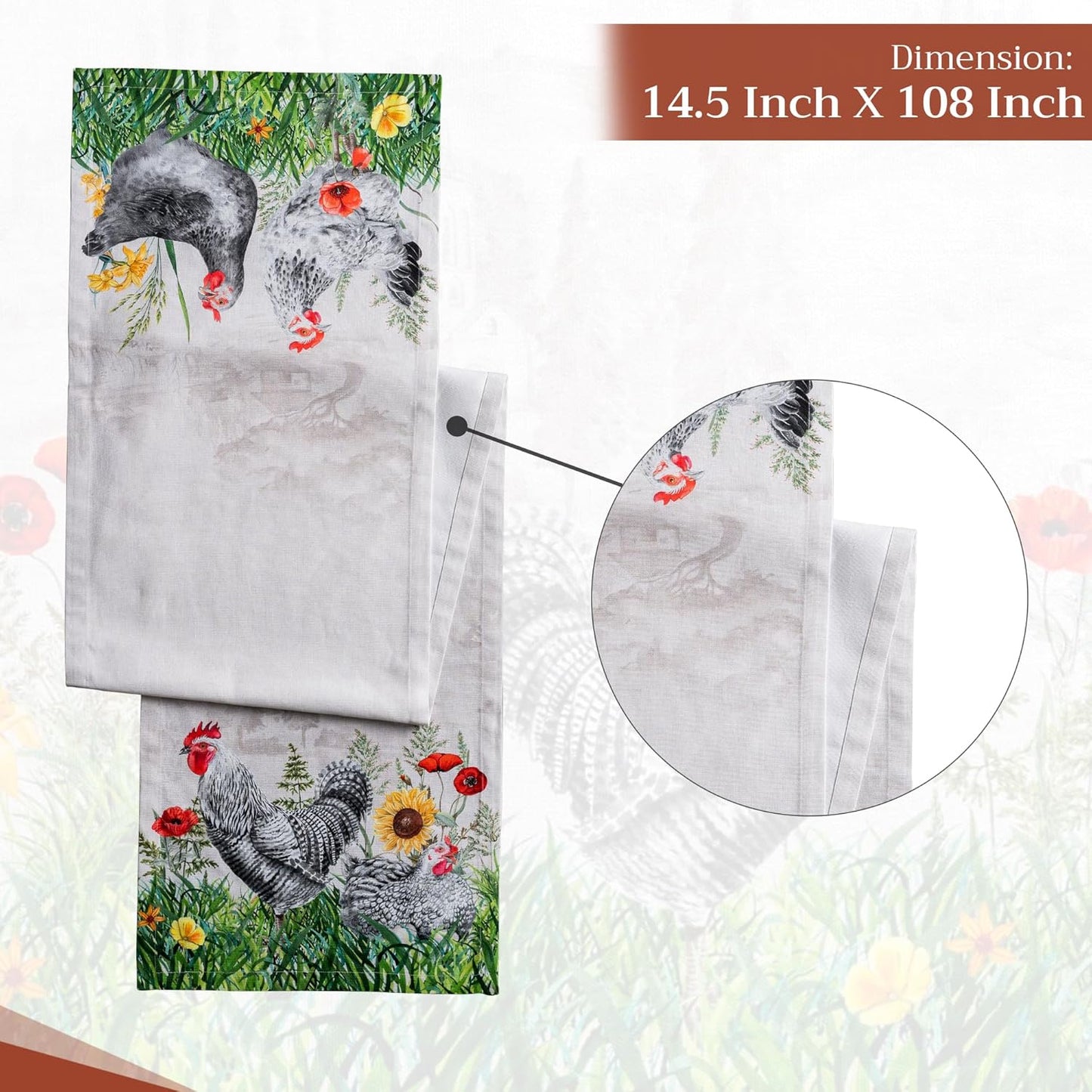 Maison d' Hermine Table Runner 100% Cotton Single Layer Table Runners 108 inches Long Decorative for Home Kitchen Dining Party Wedding Bridal Shower Spring Summer (Basse Cour, 14.50" x 108")