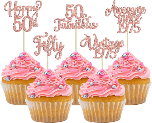 30Pcs Vintage 1975 Cupcake Toppers Glitter Fifty 50 Fabulous Happy 50th Birthday Cupcake Picks Cheers to 50 Years for 50th Birthday Anniversary Party Cake Decorations Supplies Rose Gold