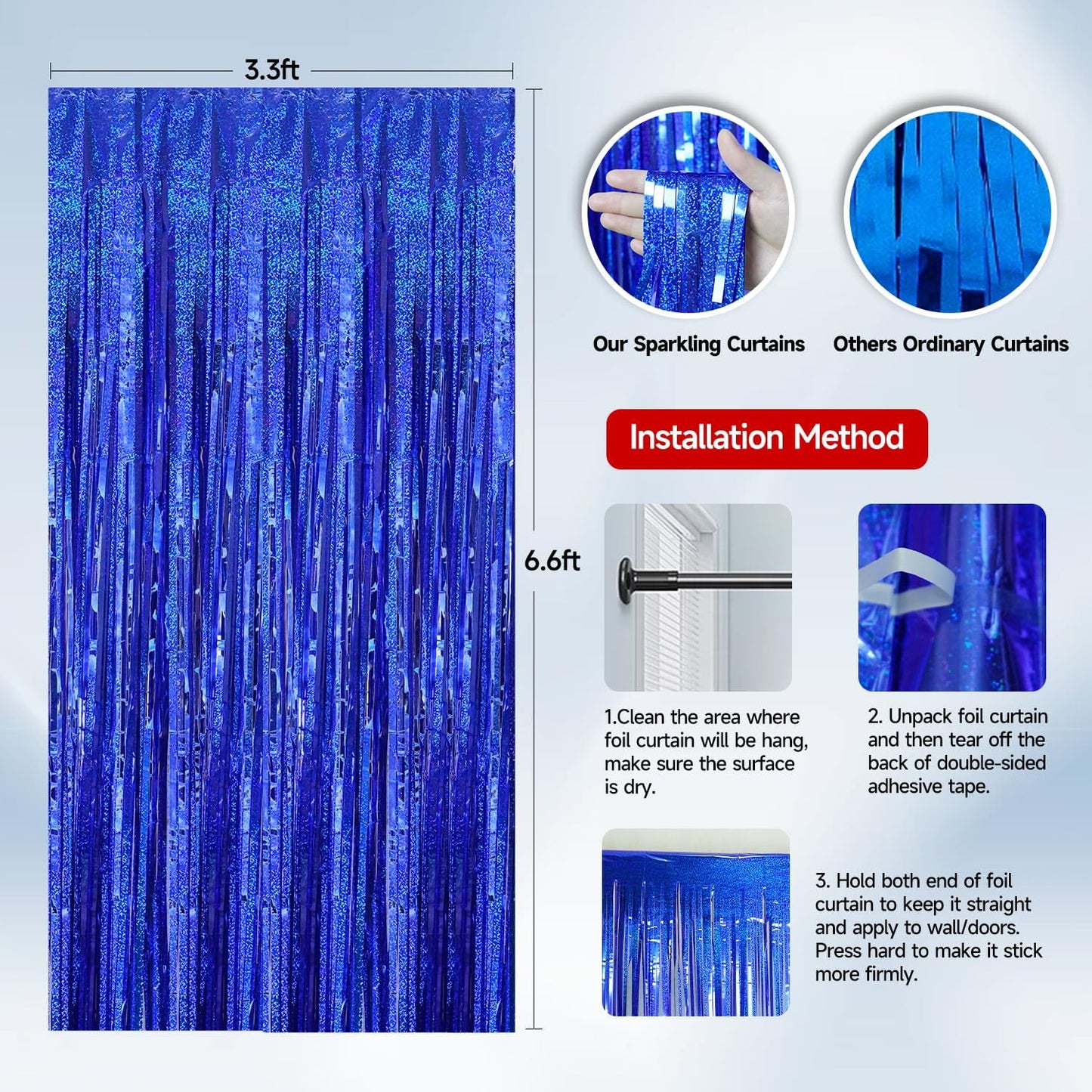 QRabbit 4 Pack Backdrop Curtains, Blue Foil Fringe Curtain Tinsel Backdrop, Party Streamers for Birthday Graduation Engagement Wedding Baby Shower Christmas Party Decorations