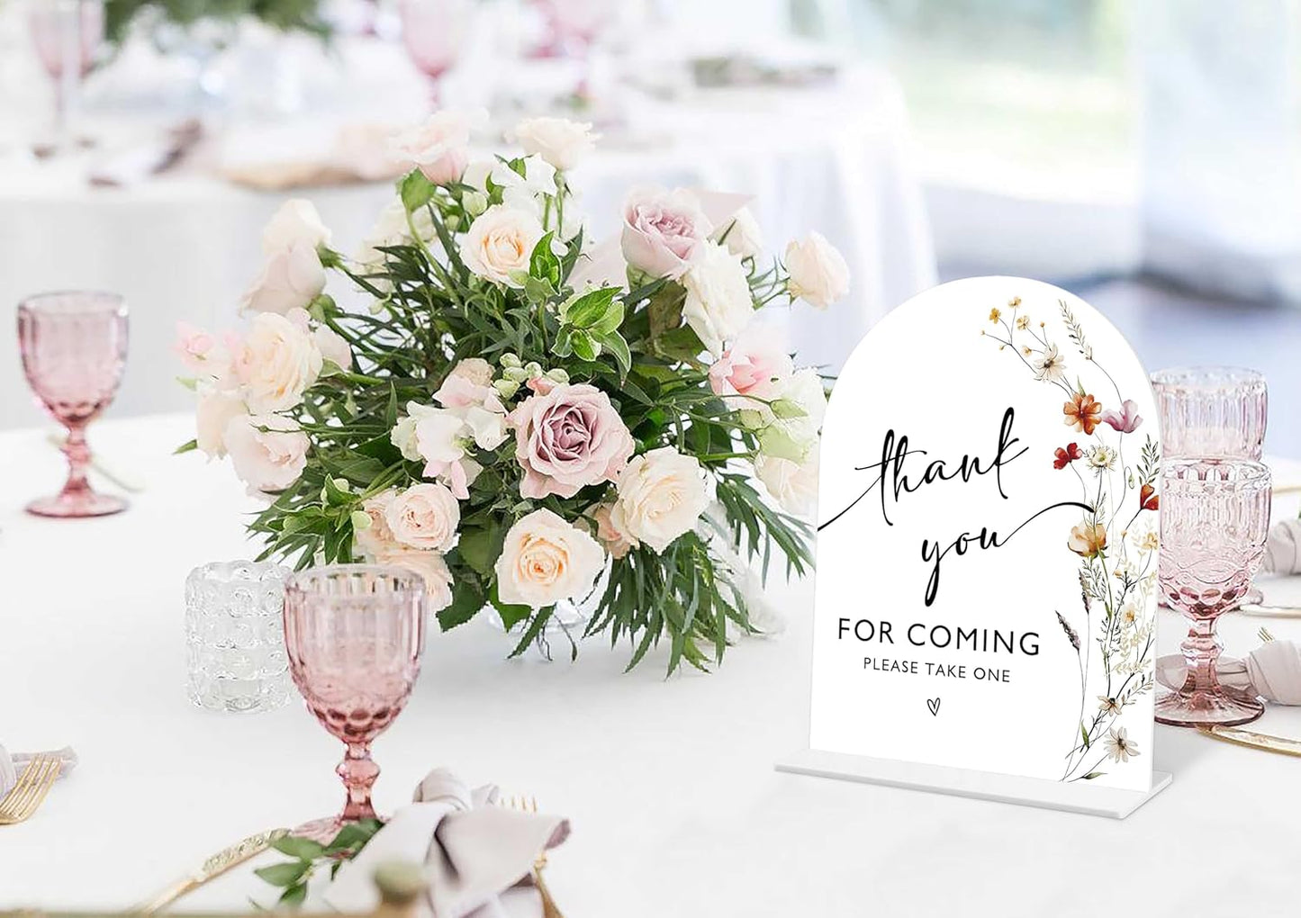 Boho Floral Thank You For Coming Sign, 6 x 8 Inch White Arch Acrylic Wedding Sign with Holder, Wedding Sign for Ceremony and Reception, Wedding Decoration, Wedding Supplies - BX03
